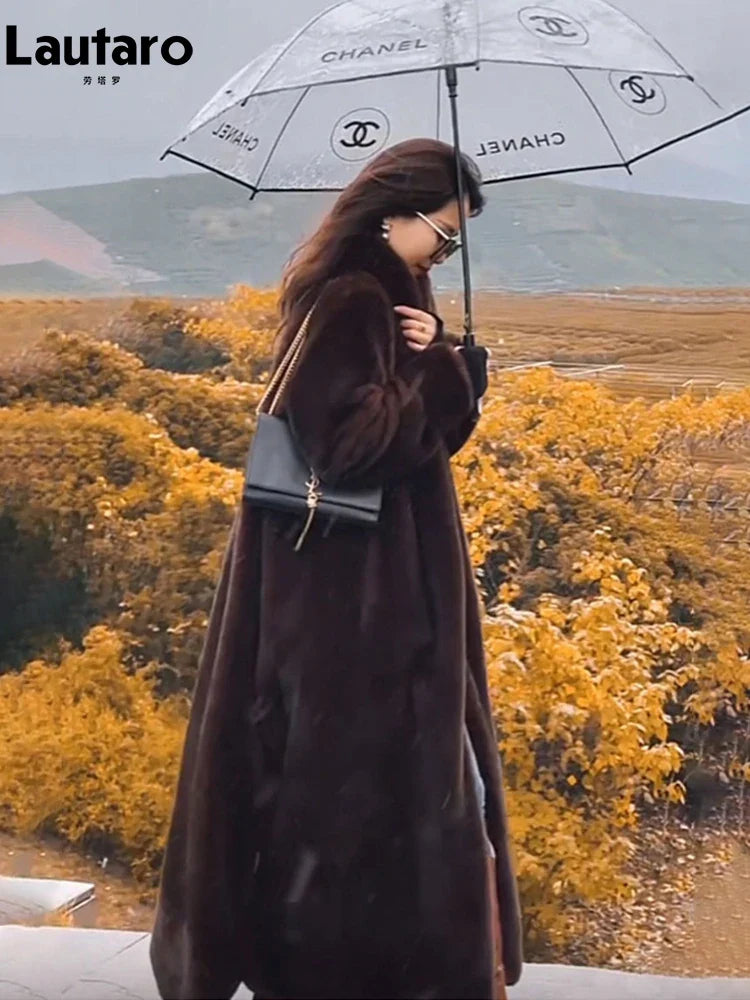 Winter Long Oversized Warm Thick Fluffy Brown Soft Skirted Faux Mink Fur Coat Women Elegant Luxury Furry Overcoat 2024