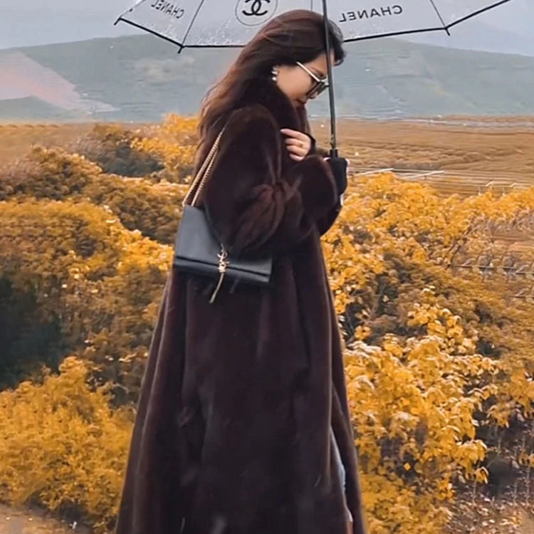 Lautaro Winter Long Oversized Warm Thick Fluffy Brown Soft Skirted Faux Mink Fur Coat Women Elegant Luxury Chic Furry Overcoat