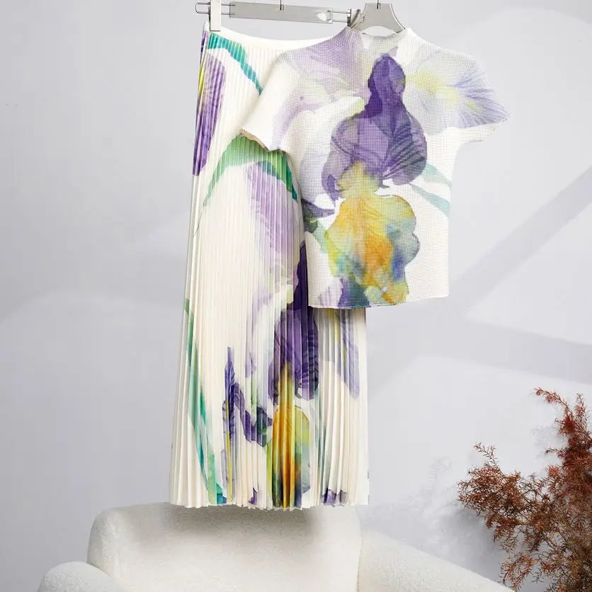 Miyake Pleated New Corn Fold Flower Print Short Sleeve T-Shirt + Fashion A-Line Pleated Long Skirt Set Two Piece Suit Summer