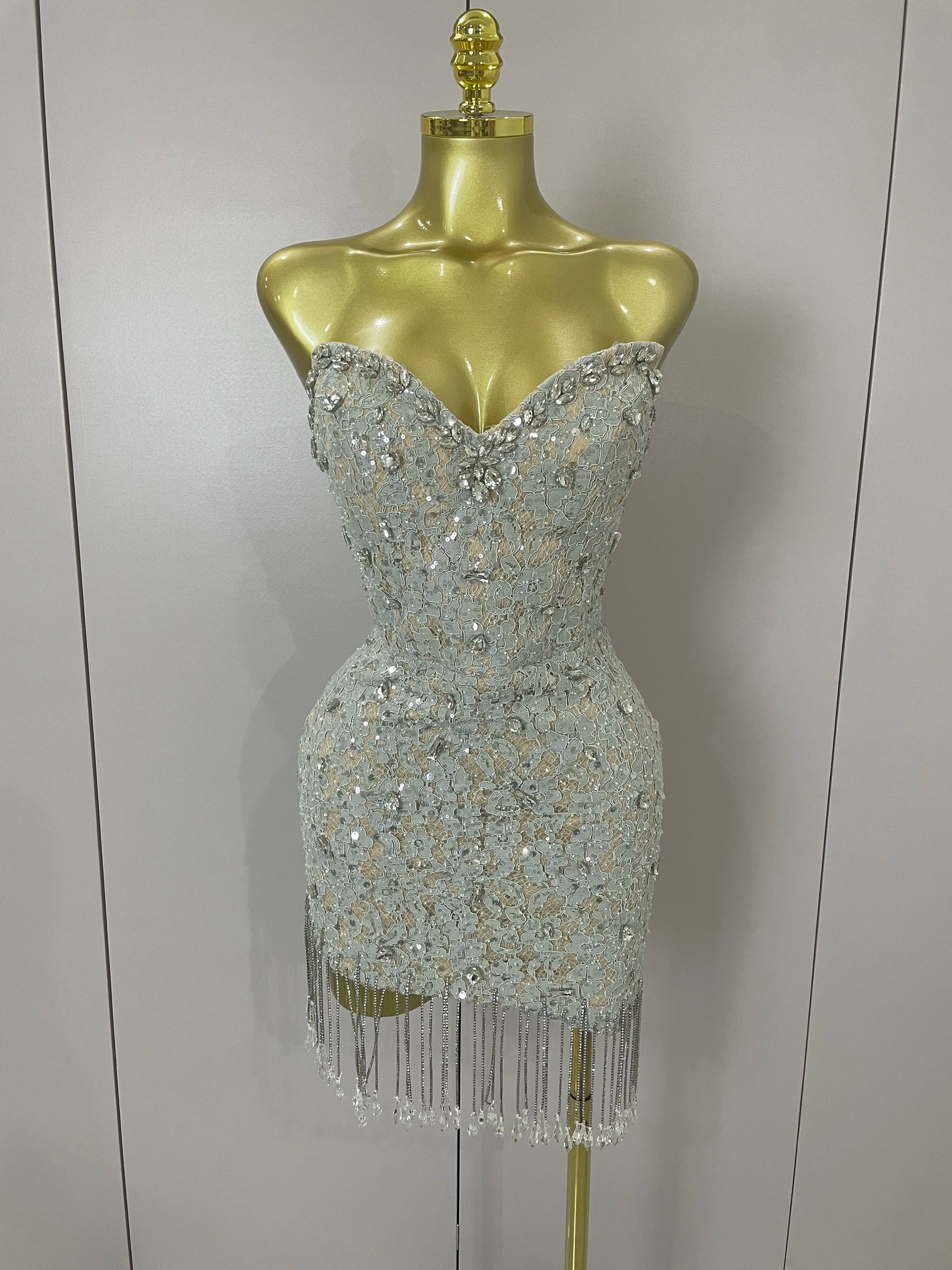 Luxury Sparkle Diamond Tassel Halter Cocktail Dress 2025 Women Elegant Evening Formal Gowns Wedding Party Dresses Stage Costumes MULTI