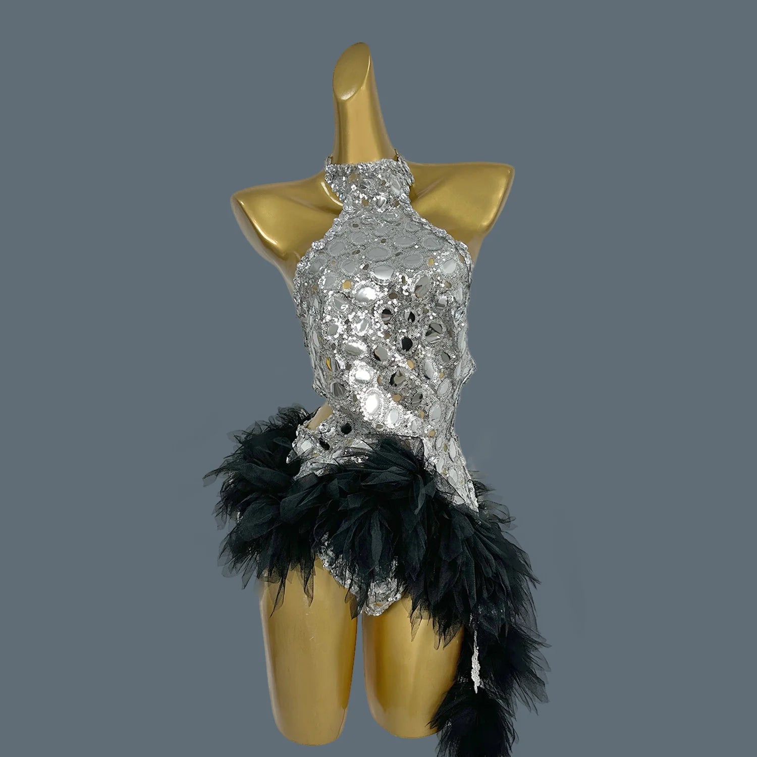 Mesh Performance Costume Bar Dancer Night Club Bodysuit Stage Wear Sparkly Green Fade Mirrors Women Sexy BodyconLeotard Yuanjing black One Size