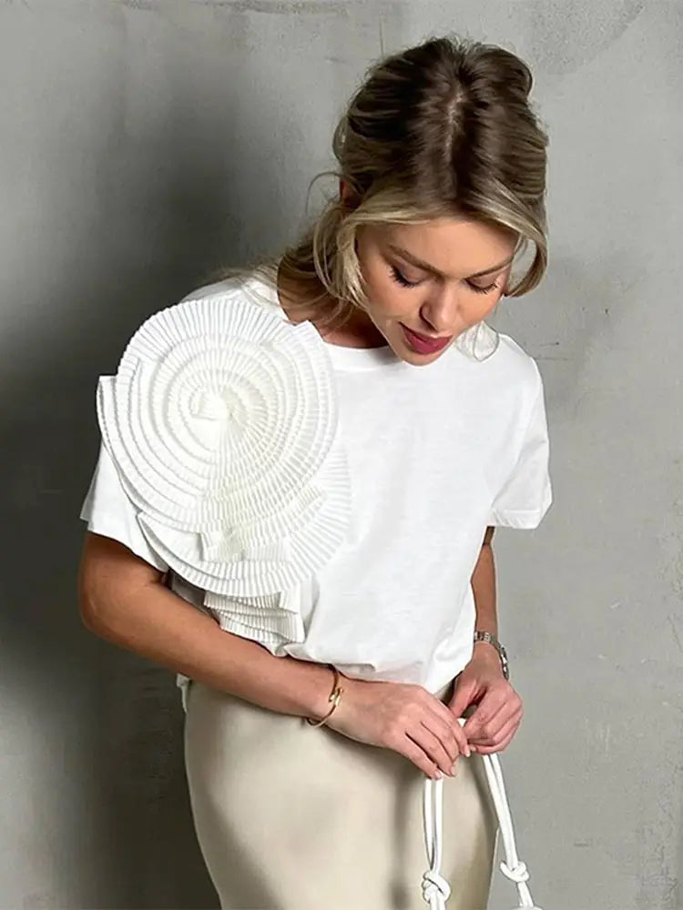 Elegant Lady 3D Pleated Flower Solid T Shirt Fashion Round Neck Short Sleeves Tops Spring Summer Casual Women Street Wear White short
