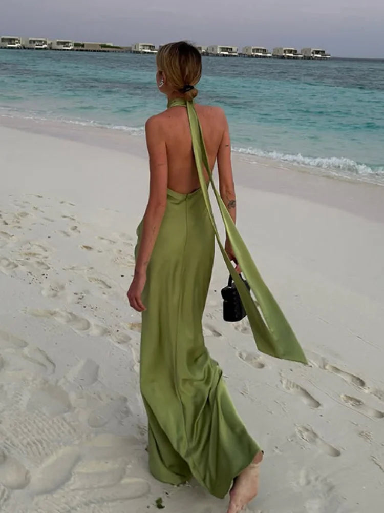 Elegant Green Satin Sleeveless Maxi Dress Chic Stand Neck Lace Up Backless Dresses New Female Summer Vacation Beach Vestido 2025