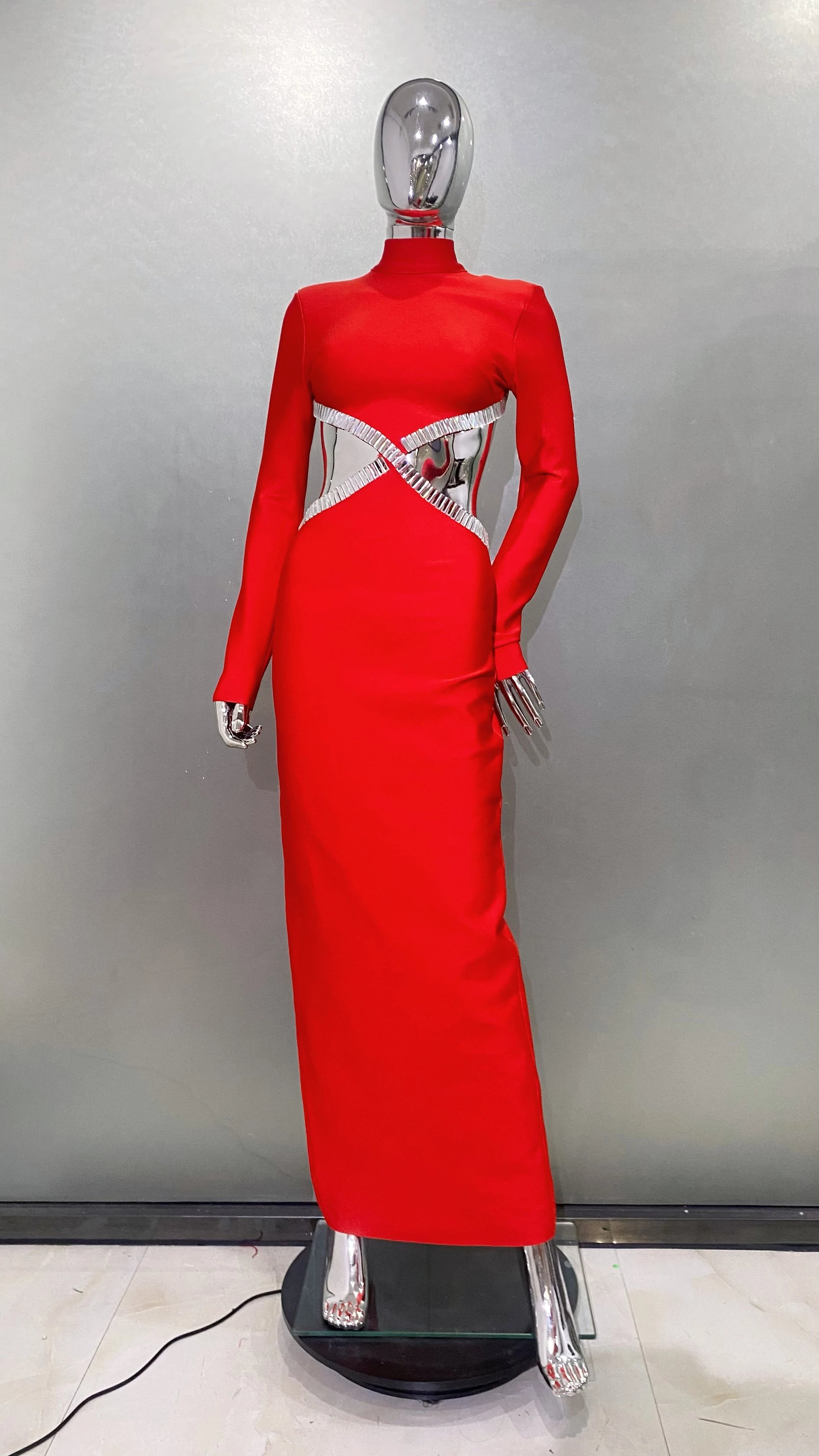 Luxury Squares Diamonds Sexy Hollows Out Blackless Long Dress Elegant Goddess Evening Dress Celebrity Party Outfit Red