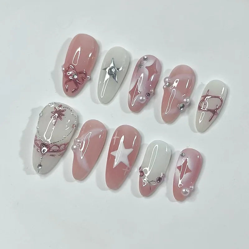 24Pcs 3D Green Ripple Design False Nails Cat's Eye French Almond Fake Nail Tips Leaves Pattern Removable Oval Press on Nails 1067