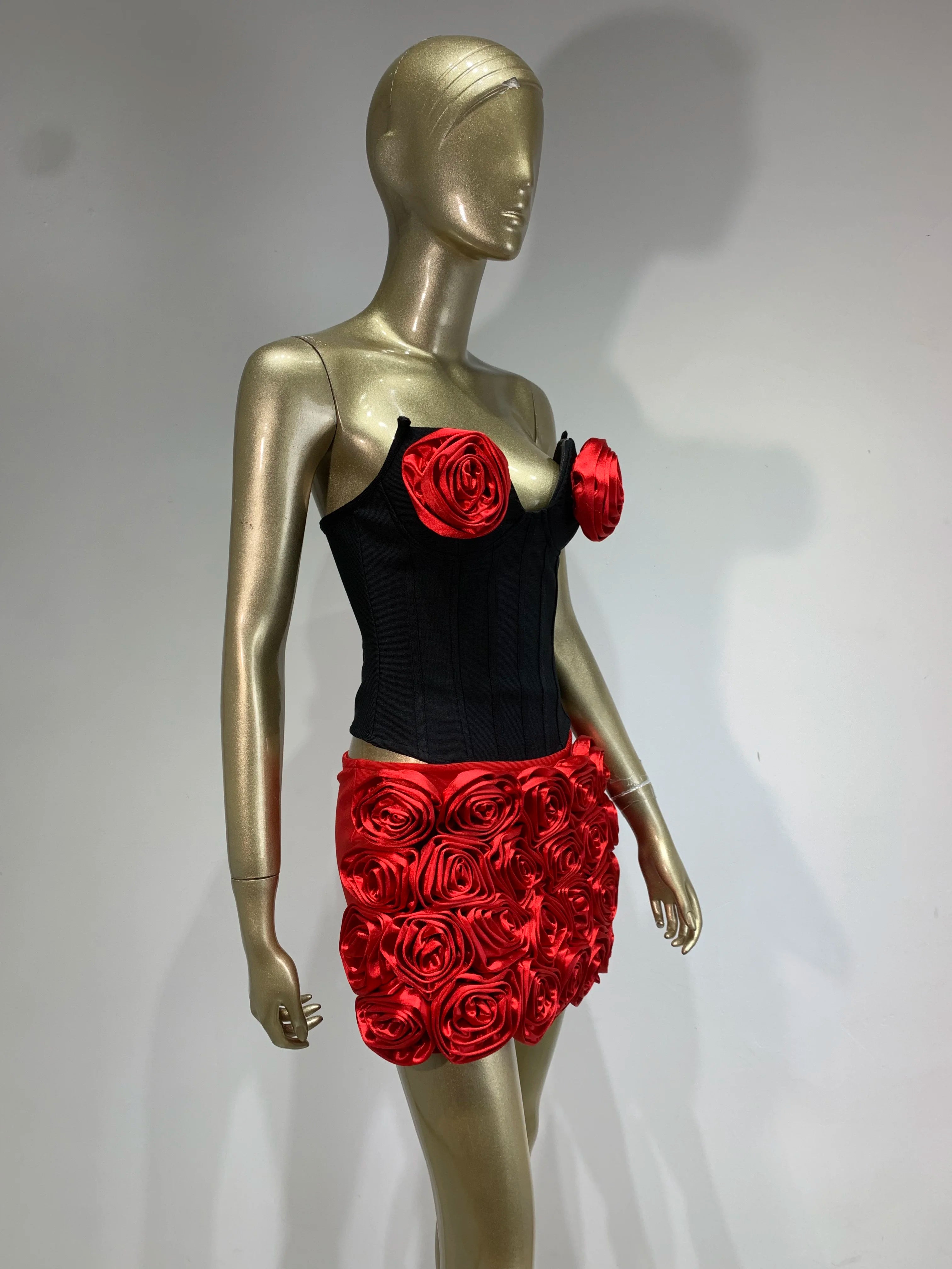 Women Sexy Strapless Zipper Patchwork Red Flower Mini Two Pieces Skirt Bandage Set 2025 Celebrity Designer Fashion Women's Set