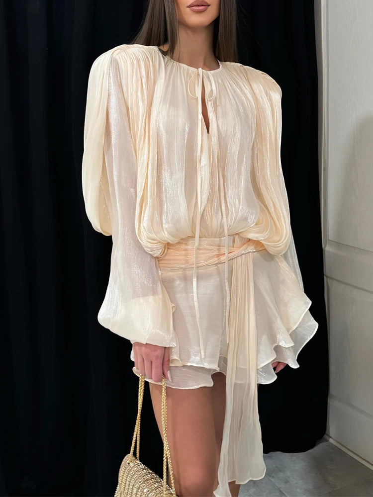 Solid Loose Spliced Folds Elegant Dresses for Women Round Neck Long Sleeves Patchwork Lace Up Tunic Dress Female