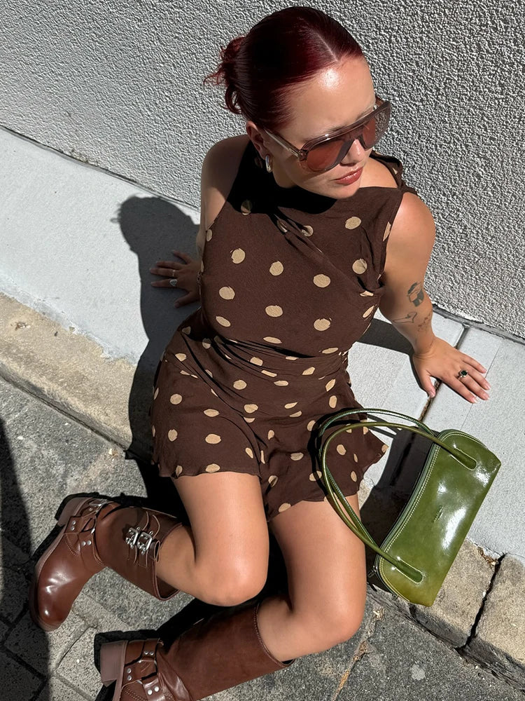Sleeveless Polka Dot Dress For Woman Fashion Brown Print Mesh O Neck Ruched Mini Dress Elegant Irregular Dresses