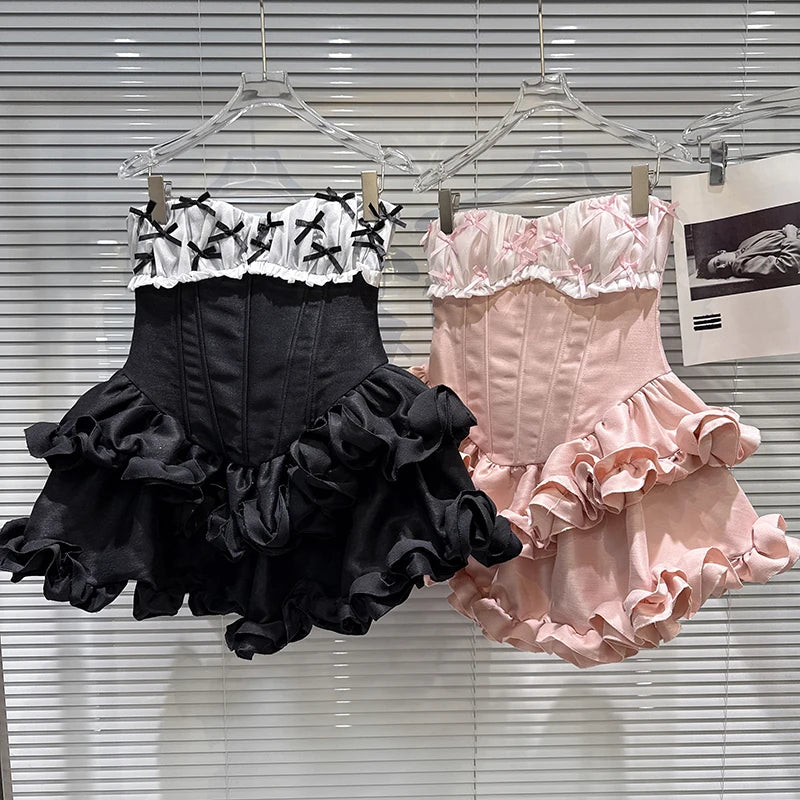 Winter New Sweet Three-Dimensional Bow Fishbone Waist Puff Strapless Dresses For Women Backless Dress Female 11A07498