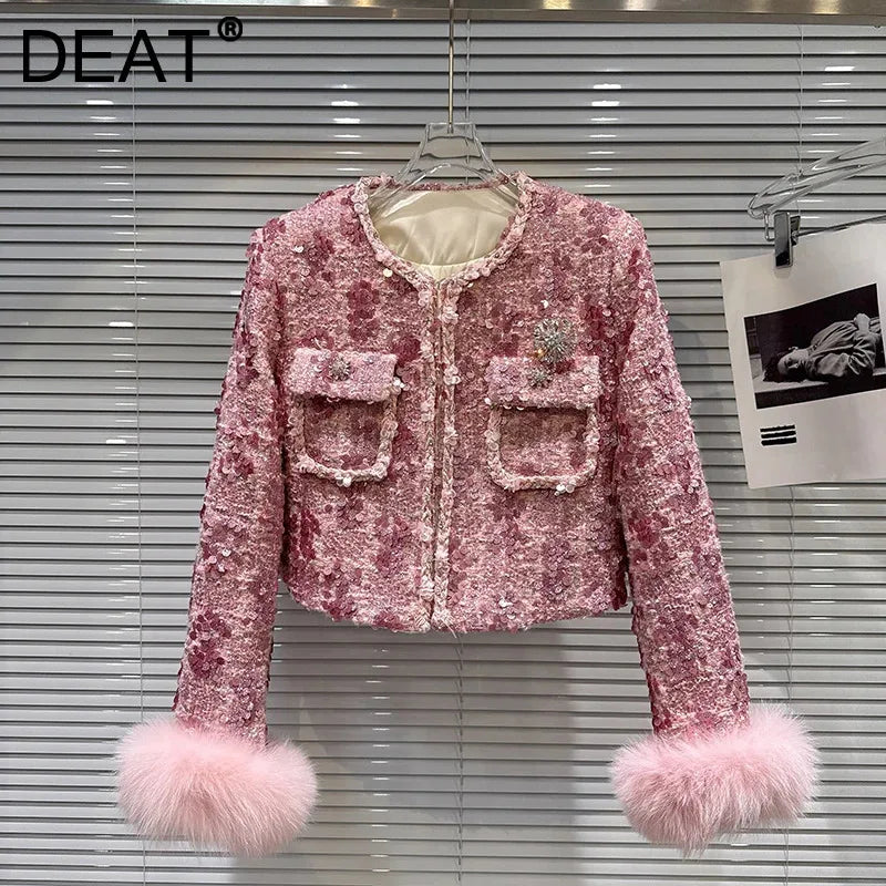 Winter New High-End Fox Fur Sleeve Sequin Tweed Cotton Lined Short Coat For Women Fashion Versatile Jacket 11A07501