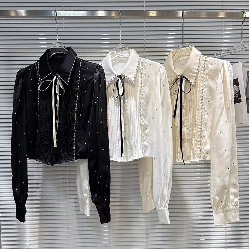 Winter New Fashion Lace-up Bowknot Rhinestone Heavy Industry Long-sleeve Shirt For Women Versatile Blouse 11A07822