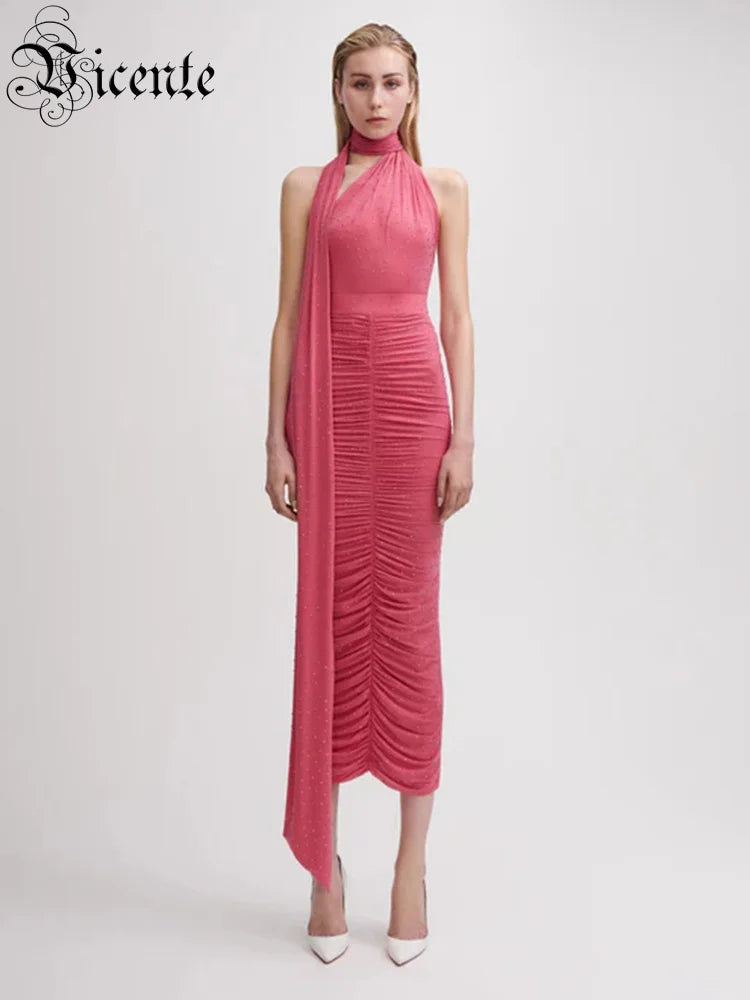 Elegant Sleeveless Halter Ribbon Ruched Details Backless Body Suit With Beaded Maxi Long Skirt Two Pieces Set Casual Wearing