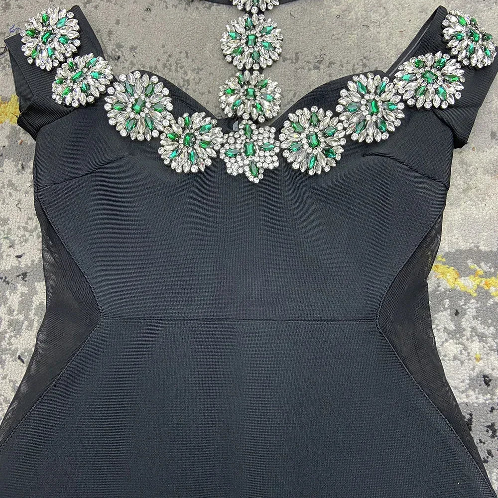 2025 Sexy Women Light Luxury Nail Bead Bandage Dress Hanging Neck Shoulder Short Sleeve Bodycon Long Dress Evening Party Vestido