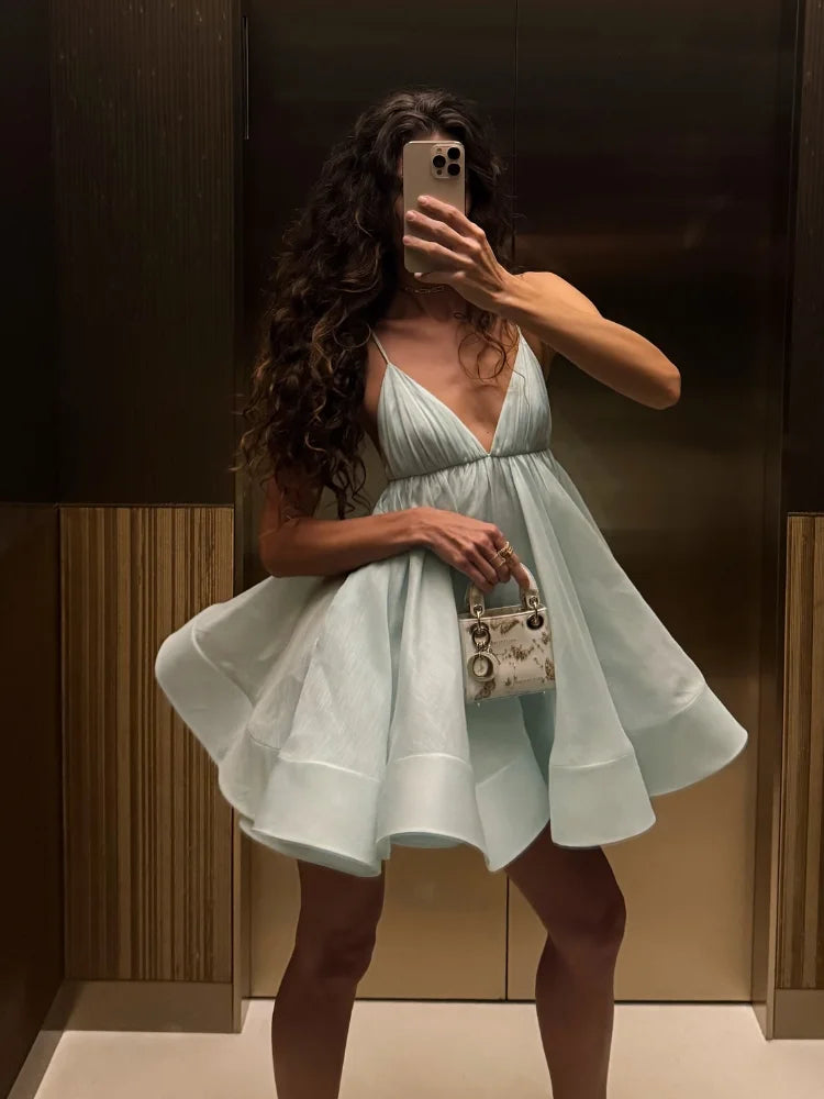 Elegant Yellow Pleated A-line Hem Mini Dress Women Sexy Sleeveless Open Back Lace-up Dresses Summer Lady Holiday Beach Vestidos