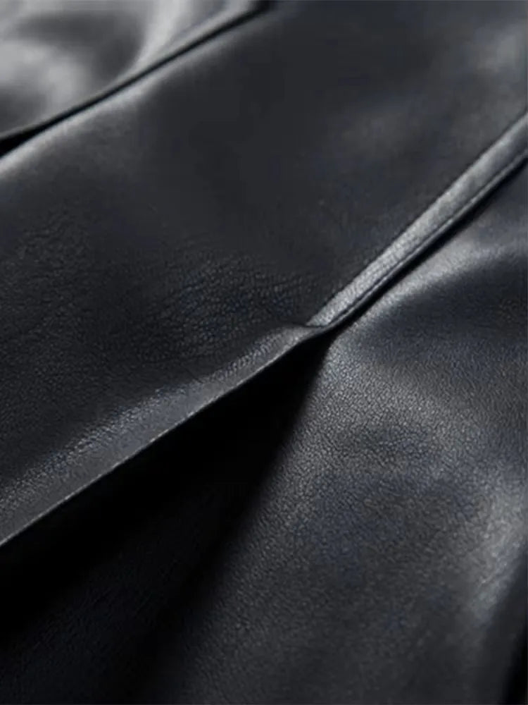 Autumn Fitted Coffee Skirted Pu Leather Blazer Jacket Women Long Sleeve Double Breasted European Fashion