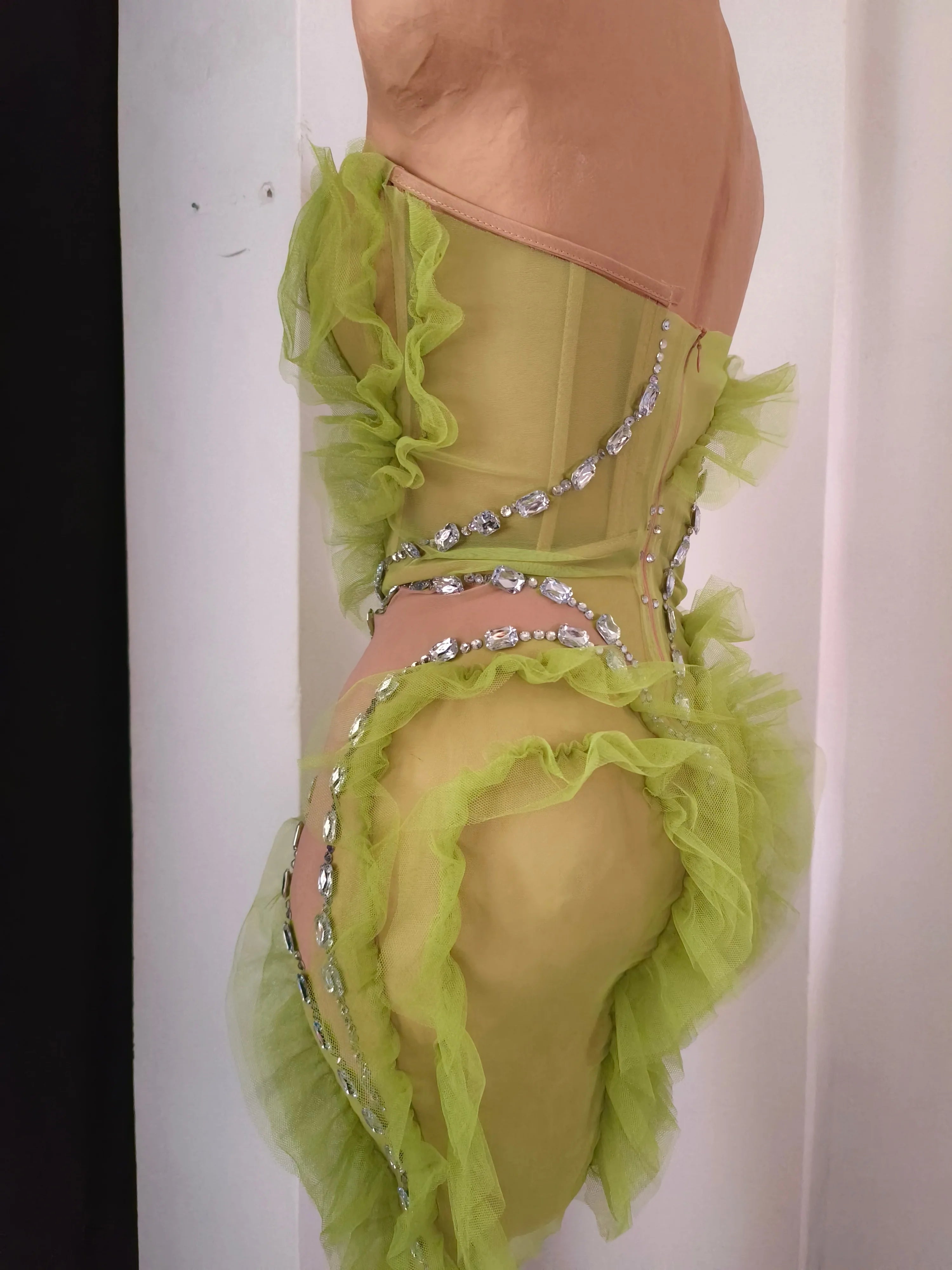 Luxury Green Sheer Mesh Ruffle Dress Neck Crystal Rhinestone Trim Cut Out Slim Fit Evening Wedding Guest Cocktail Party Dress