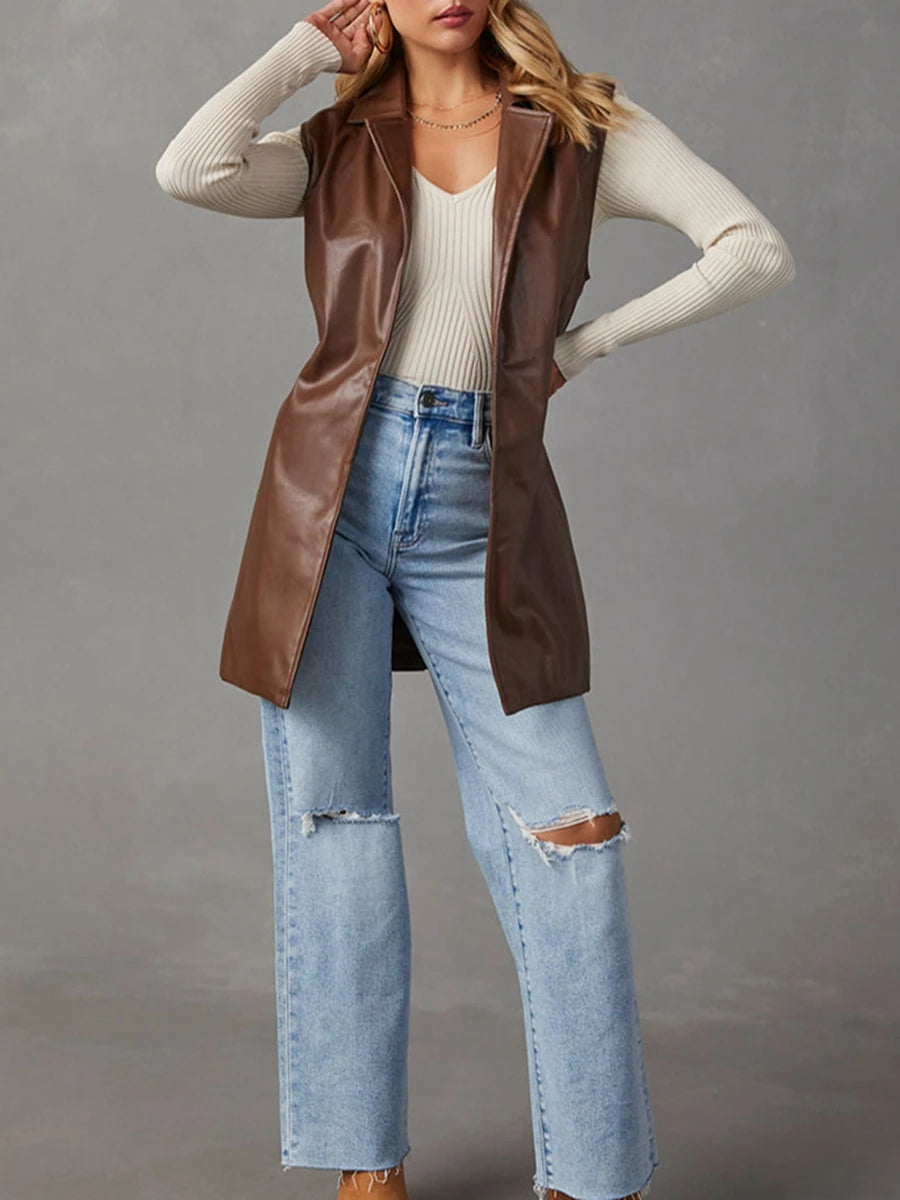Women PU Leather Blazer Casual Sleeveless Lapel Collar Solid Color Jacket Autumn Outwear with Belt