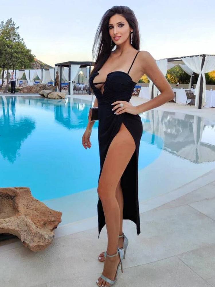 Black Long Dress Women Spaghetti Strap Sundress Sexy High Slit Draped Design Evening Party Dress Summer 2023