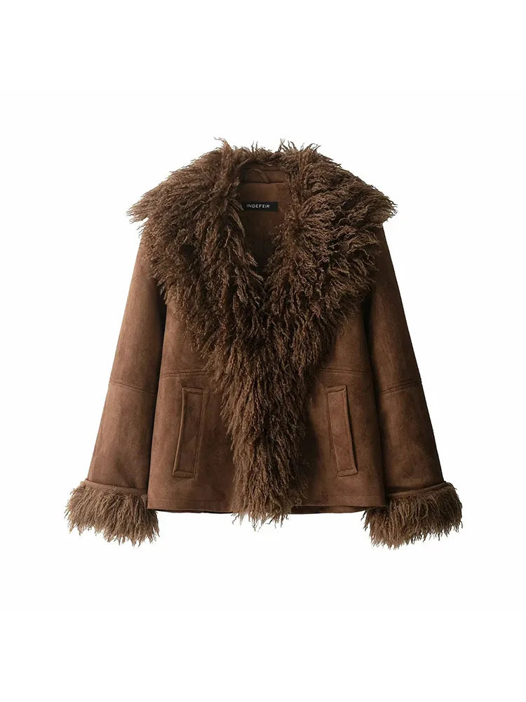 Women 2025 Autumn Winter New Solid Faux Fur Jackets Women Fashion Lapel Plush Coat Slim Elegant Patchwork Brown Short Coats