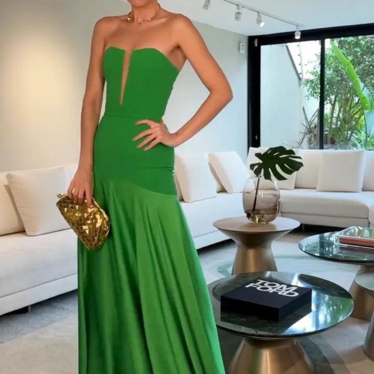 Elegant Green Patchwork Satin Long Dresses Women Fashion Off Shoulder Cut Out Pleated A-line Robe Lady Party Dresses 2025 Summer