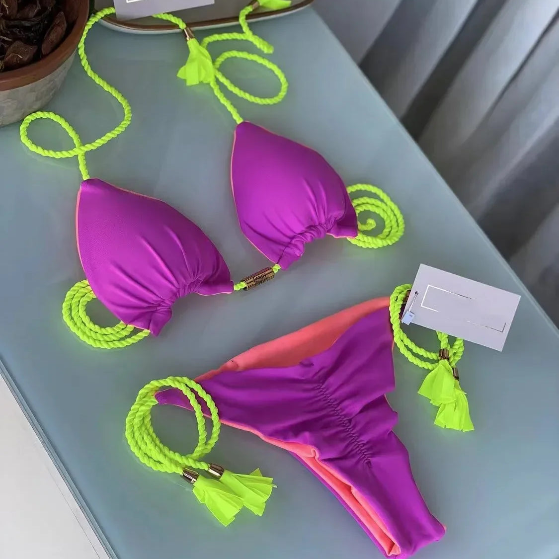 New Women Bikini Backless Rope Triangle Swimsuit Multicolor 8248