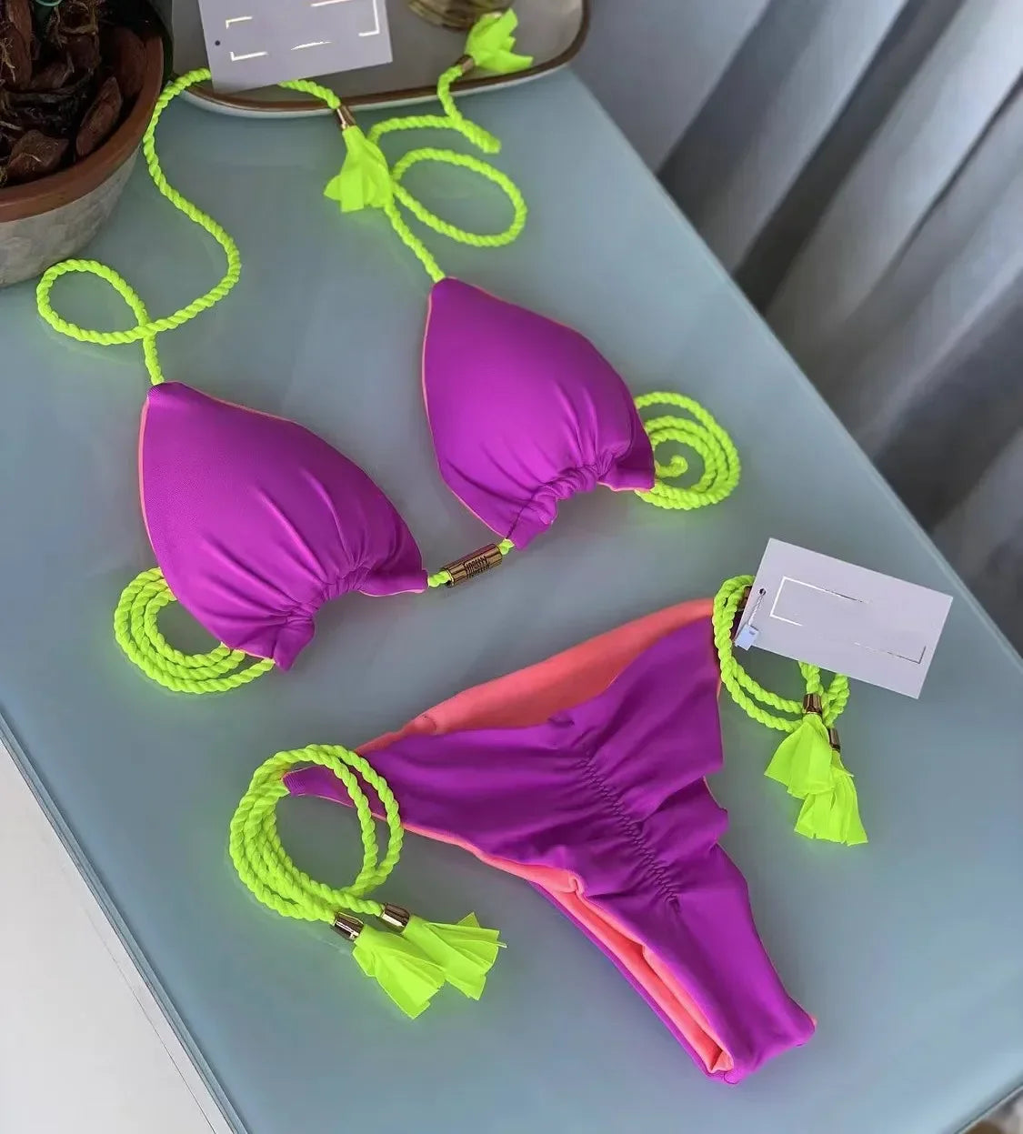 New Women Bikini Backless Rope Triangle Swimsuit Multicolor 8248