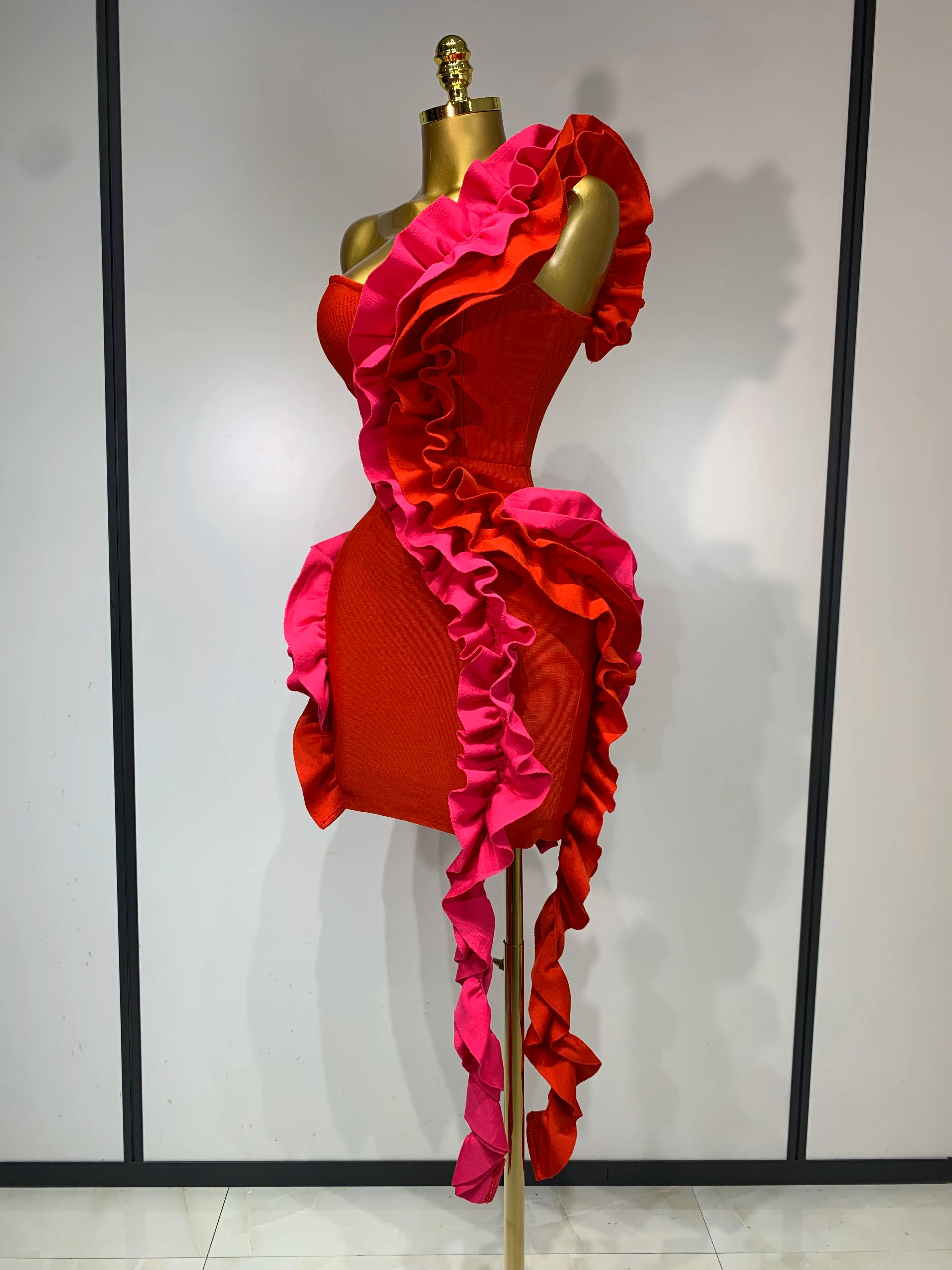 Women Sexy One Shoulder Red Ruffles Bodycon Bandage Dress 2025 Celebrity Elegant Evening Birthday Party Club Luxury Dresses