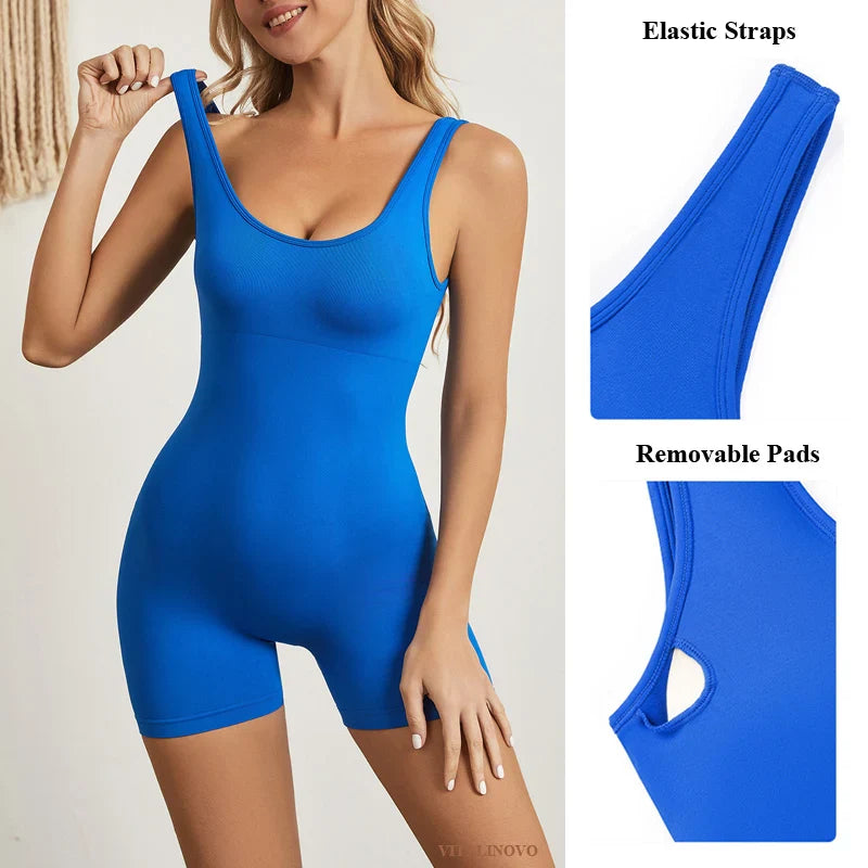 VITALINOVO Backless Workout Jumpsuits for Women Tummy Control One Piece Jumpsuits Seamless Padded V Back Scrunch Yoga Rompers