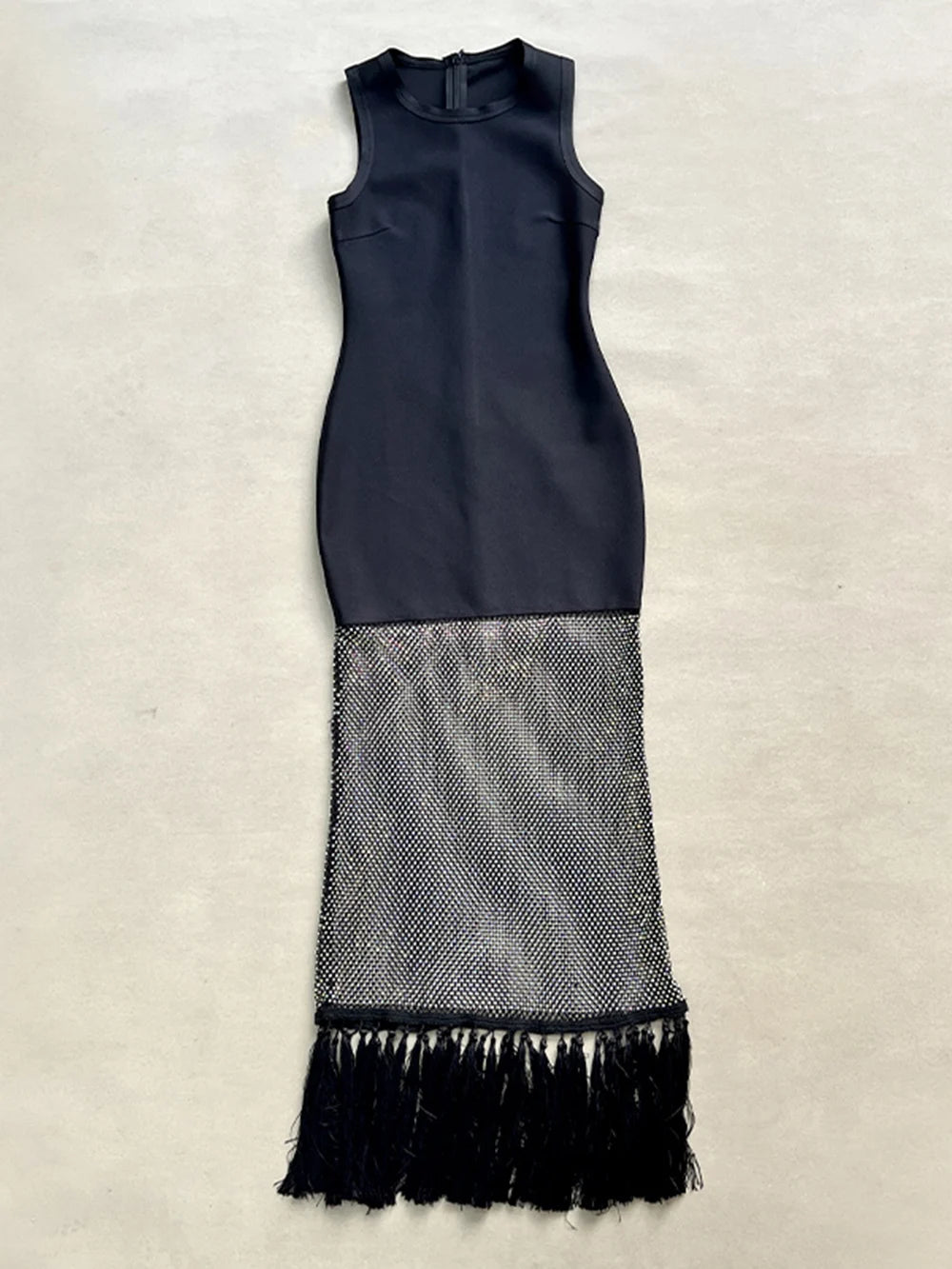 Black tassels Evening Party bandage Long Dresses Elegant Sleeveless Diamond Mesh Patchwork Maxi Dress Women 2025 Summer Vestidos