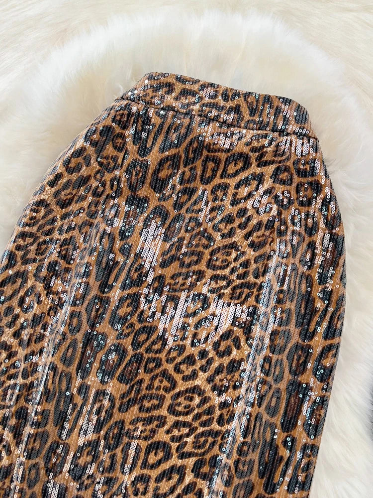 Women Chic Shinning Print Midi Skirt Zipper High Waist Leopard Zebra Wild Style Retro Long Skirts Mujer