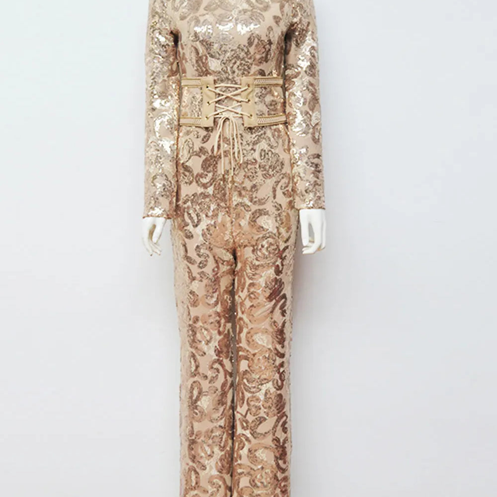 2025 Women'S Light Luxury Sequin Patchwork Bandage Jumpsuit O-Neck Long Sleeved Waistband Flared Jumpsuit Pants Party Jumpsuit Gold