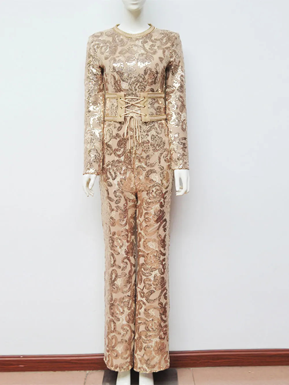 2025 Women'S Light Luxury Sequin Patchwork Bandage Jumpsuit O-Neck Long Sleeved Waistband Flared Jumpsuit Pants Party Jumpsuit Gold