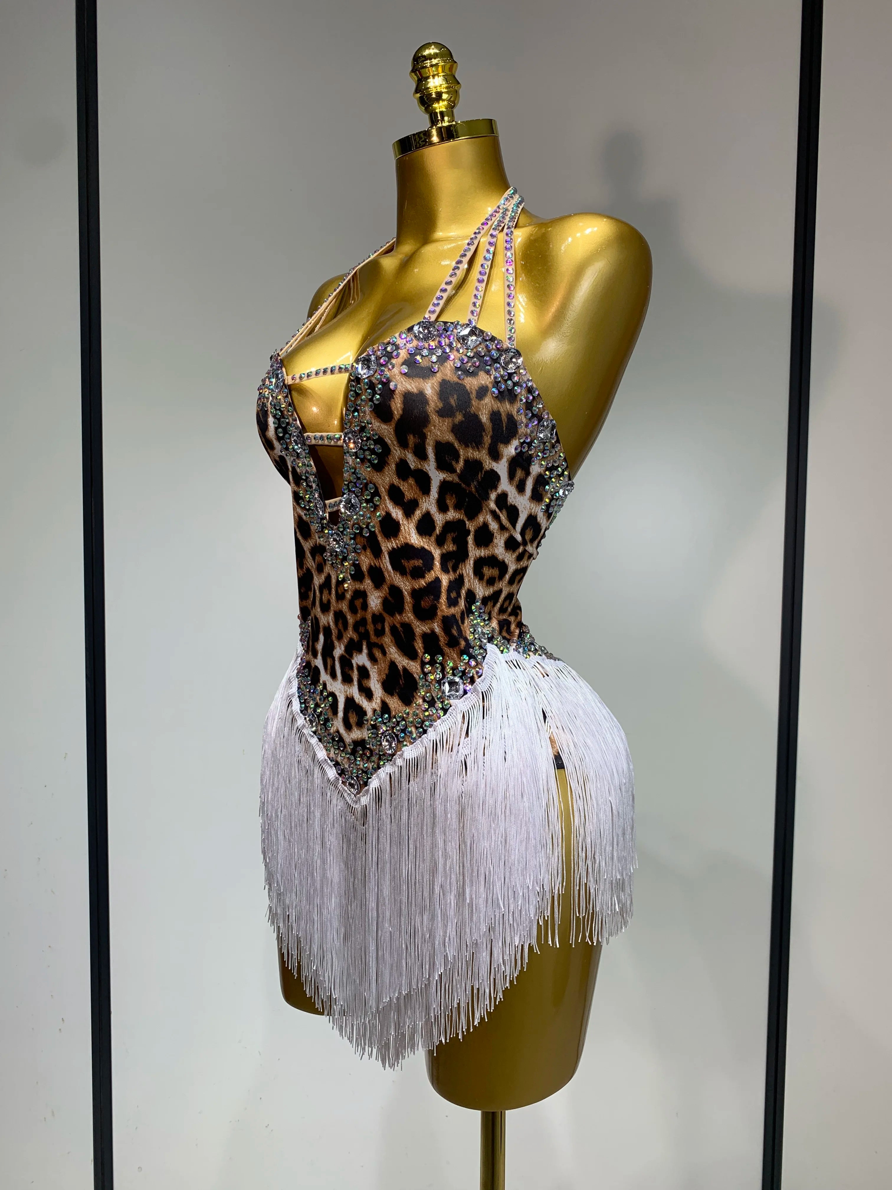 Sexy Backless Sparkly Rhinestones Tassel Leopard Print Bodysuit Performance Dance Costume Singer Dancer Stage Wear Club Outfit