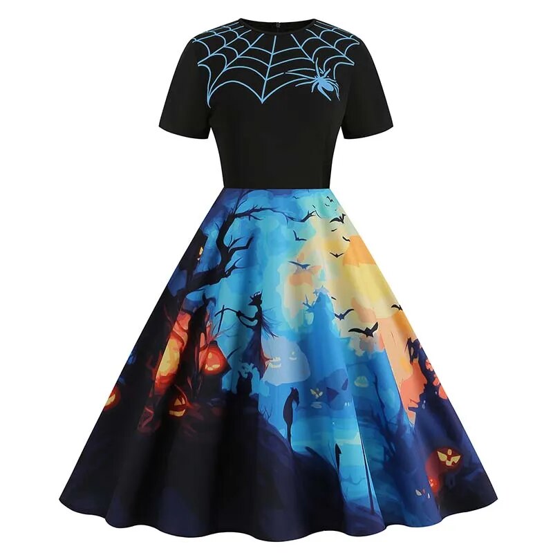 Women Halloween Costumes Dresses Short Sleeve Print 2024 Autumn Winter Vintage Party Dress Vestidos 007