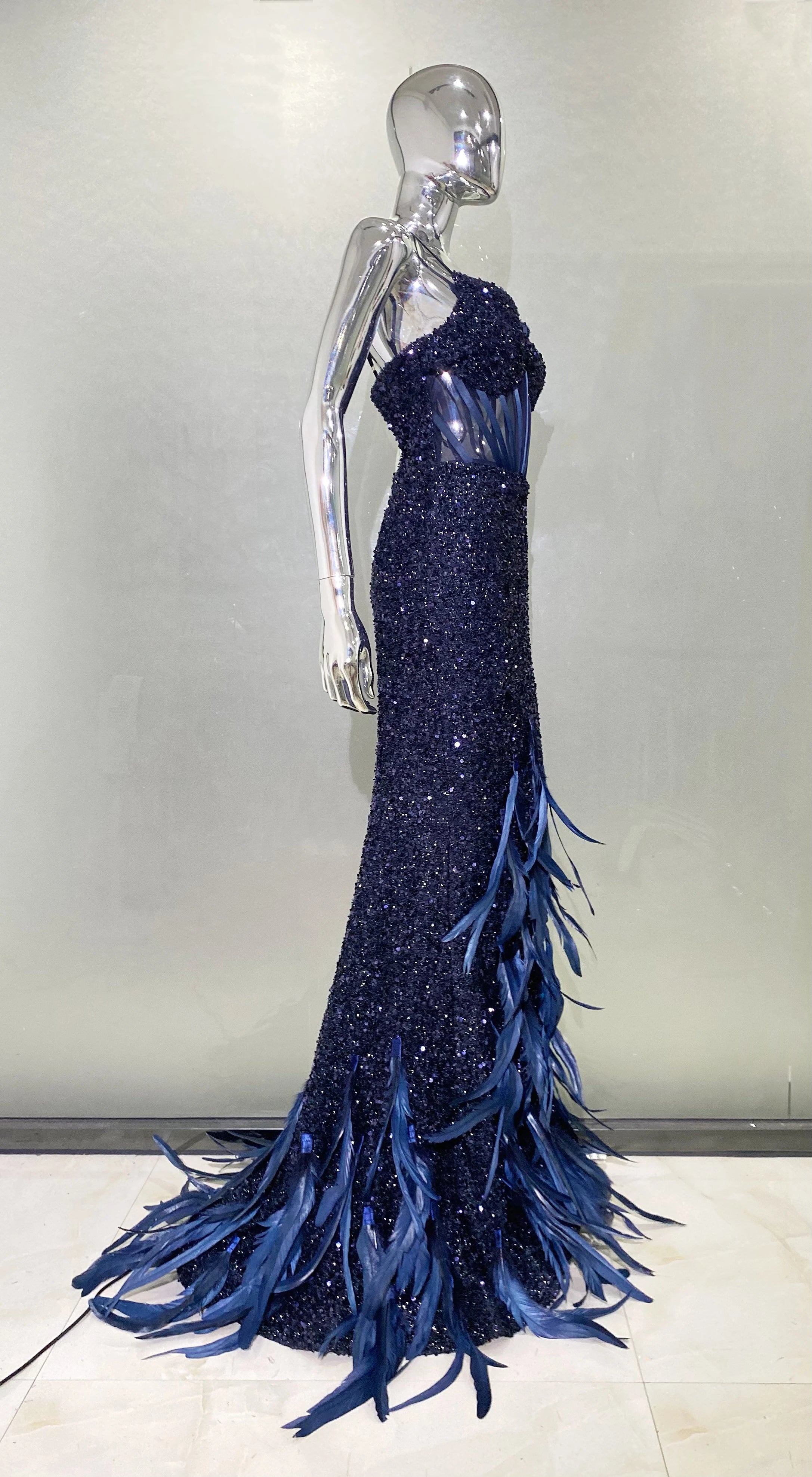 Women Summer Sexy V Neck Mesh Sequins Blue Feather Maxi Long Dress 2024 Elegant Party Evening Stage Performance Dress Vestido