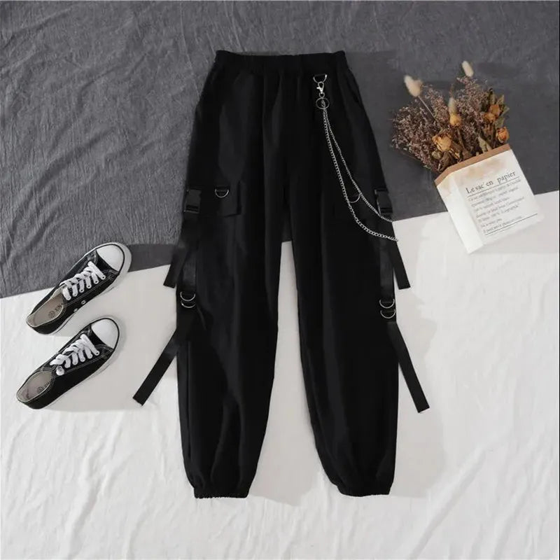 Spring Autumn Women Harajuku Cargo Pants Handsome Cool Two-piece Suit Chain Long Sleeve+Ribbon Pants PANTS