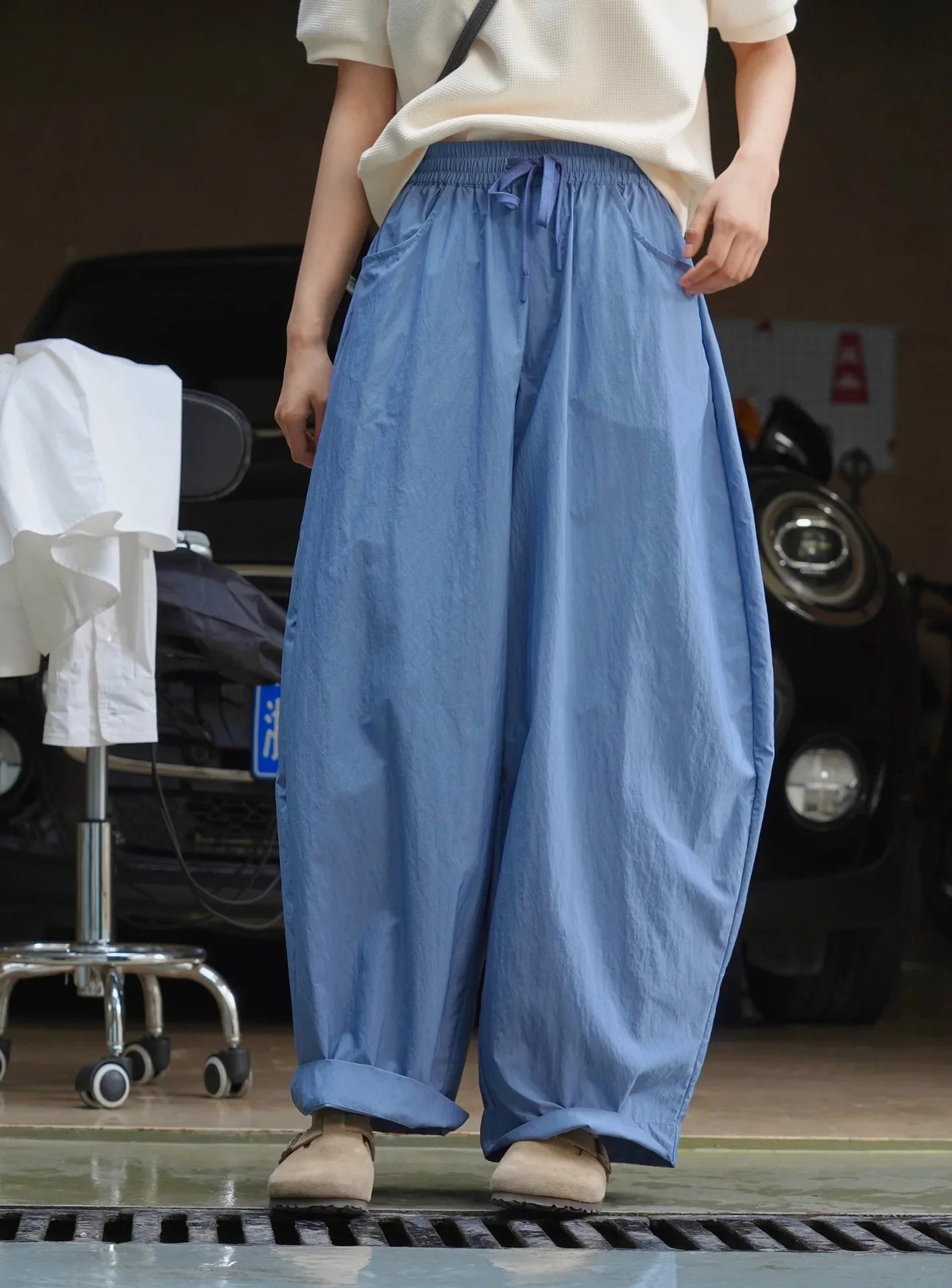 Summer women's casual solid color high waisted loose wide leg pants