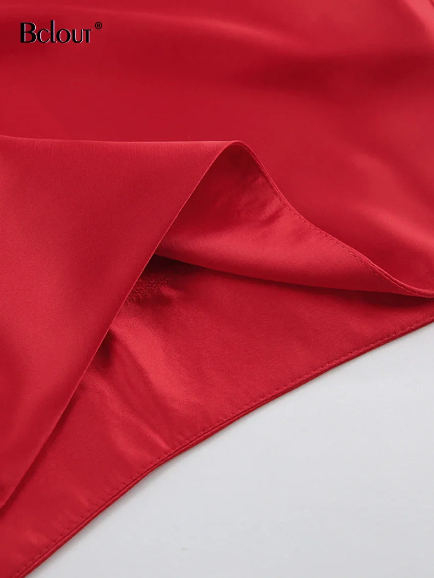 Bclout Fashion Satin Red Skirts Women Elegant Solid High Waist Office Lady Skirts Vintage Thin Party Slim Long Skirts Sexy