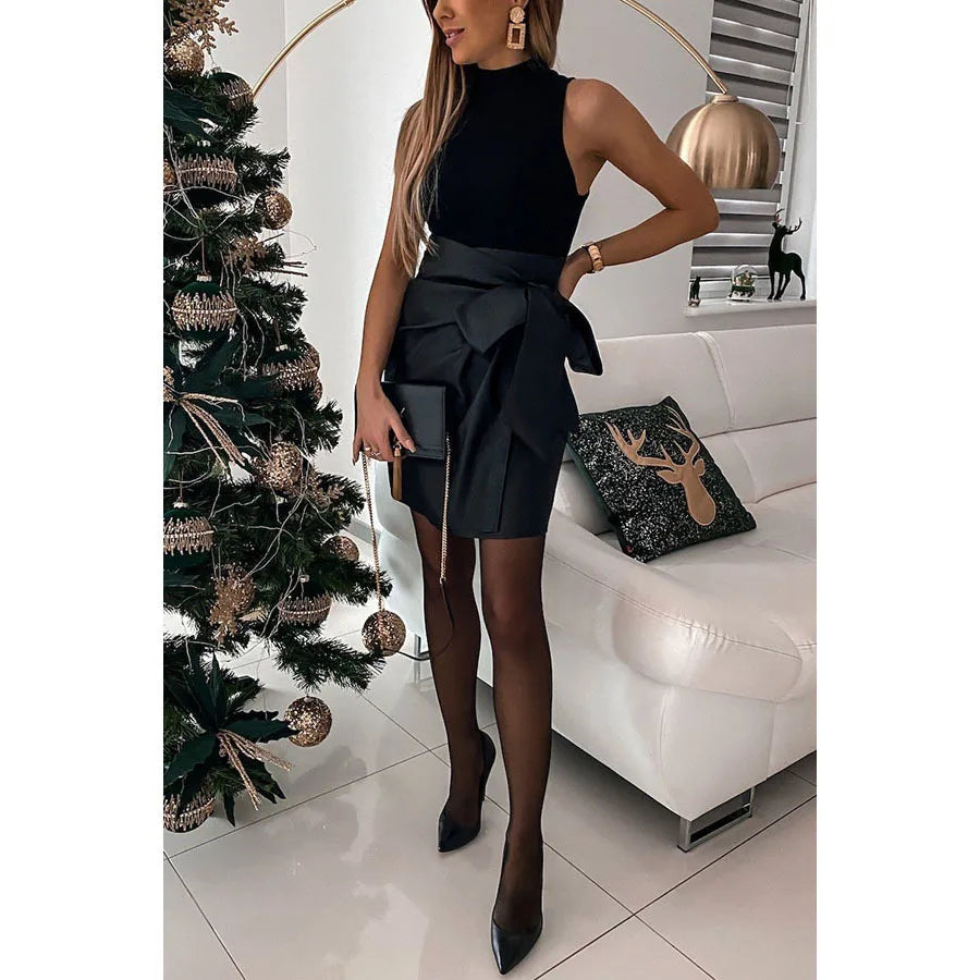 Elegant Fashion Bow PU Leather Skirts Women Mini Pencil Skirts Office Lady Solid Color High Waist Slim Bottoms Skirts