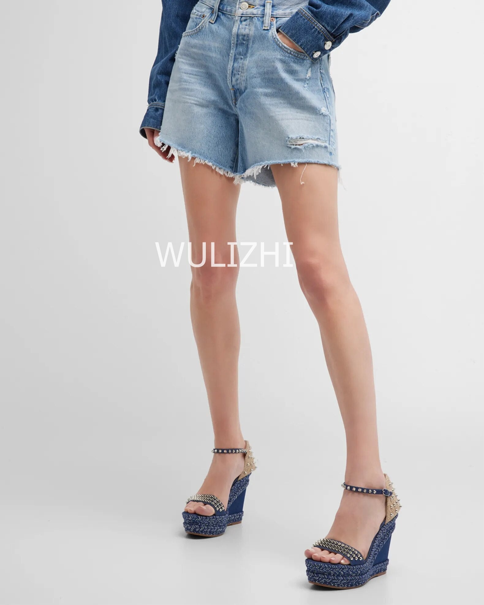 Women's Dark Black Blue Denim High Wedge Espadarille Metal Stud Heel Sandals Low Platform Mixed Colors Patchwork Appliques Shoes