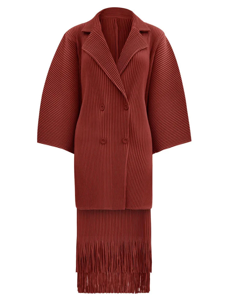 LANMREM Fashion Pleated 2 Piece Set Women Double Breasted Blazer Tassel Design Skirt Solid Color Spring New Clothing 32C701