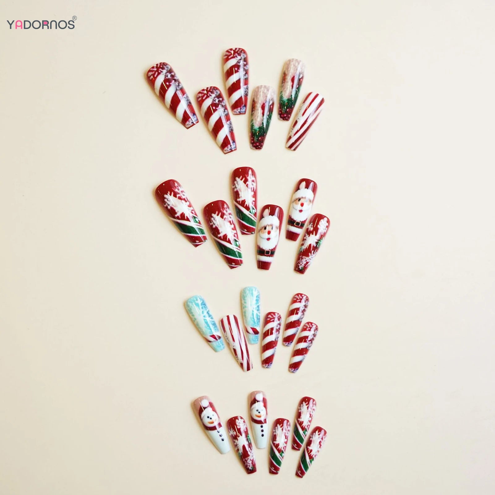 Long Coffin Fake Nails for Christmas Party 24Pcs Red Striped Printed Press On Nails with Santas/Snowman/Snowflake Designs