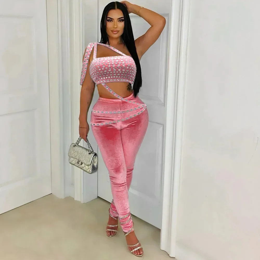 2024 Fall Women Set Velvet Diamonds Hot Rhinestones Strapless Top + Pencil Pants Suit Sets Two 2 Piece Set Party Outfits Pink