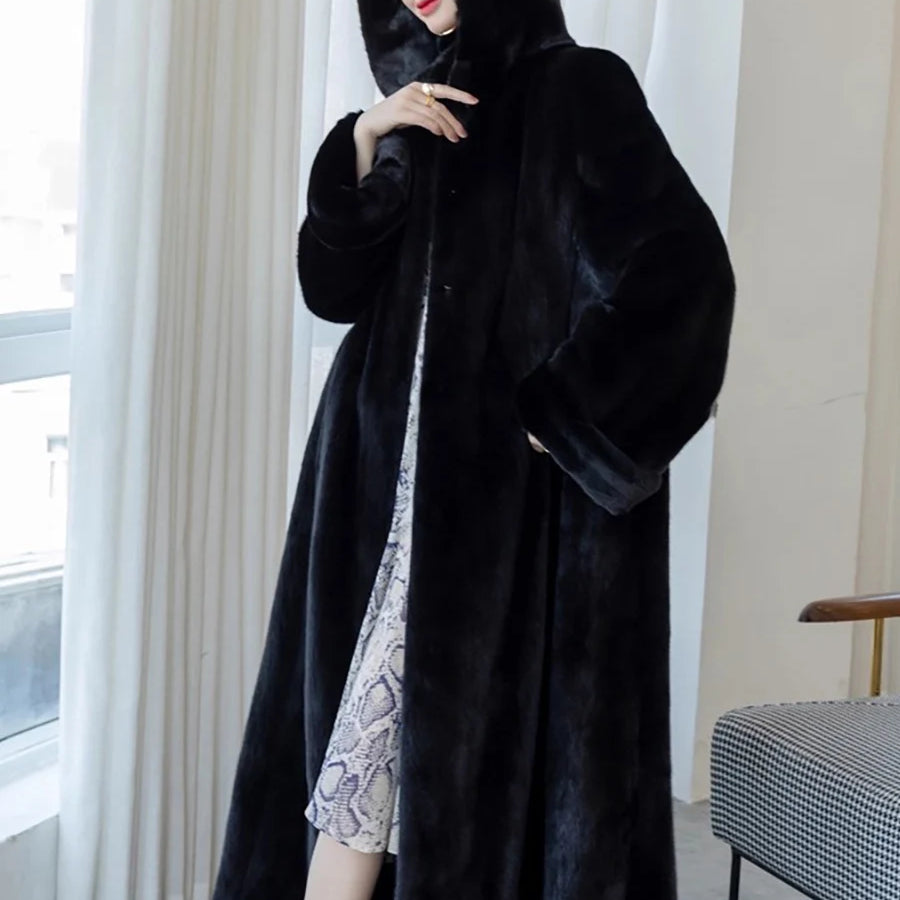 Lautaro Autumn Winter Long Luxury Elegant Thick Warm Fluffy Soft Faux Mink Fur Coat Women with Hood Loose Furry Overcoat 2025 Black