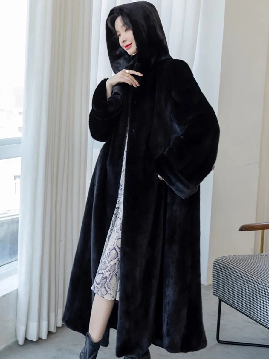 Lautaro Autumn Winter Long Luxury Elegant Thick Warm Fluffy Soft Faux Mink Fur Coat Women with Hood Loose Furry Overcoat 2025 Black