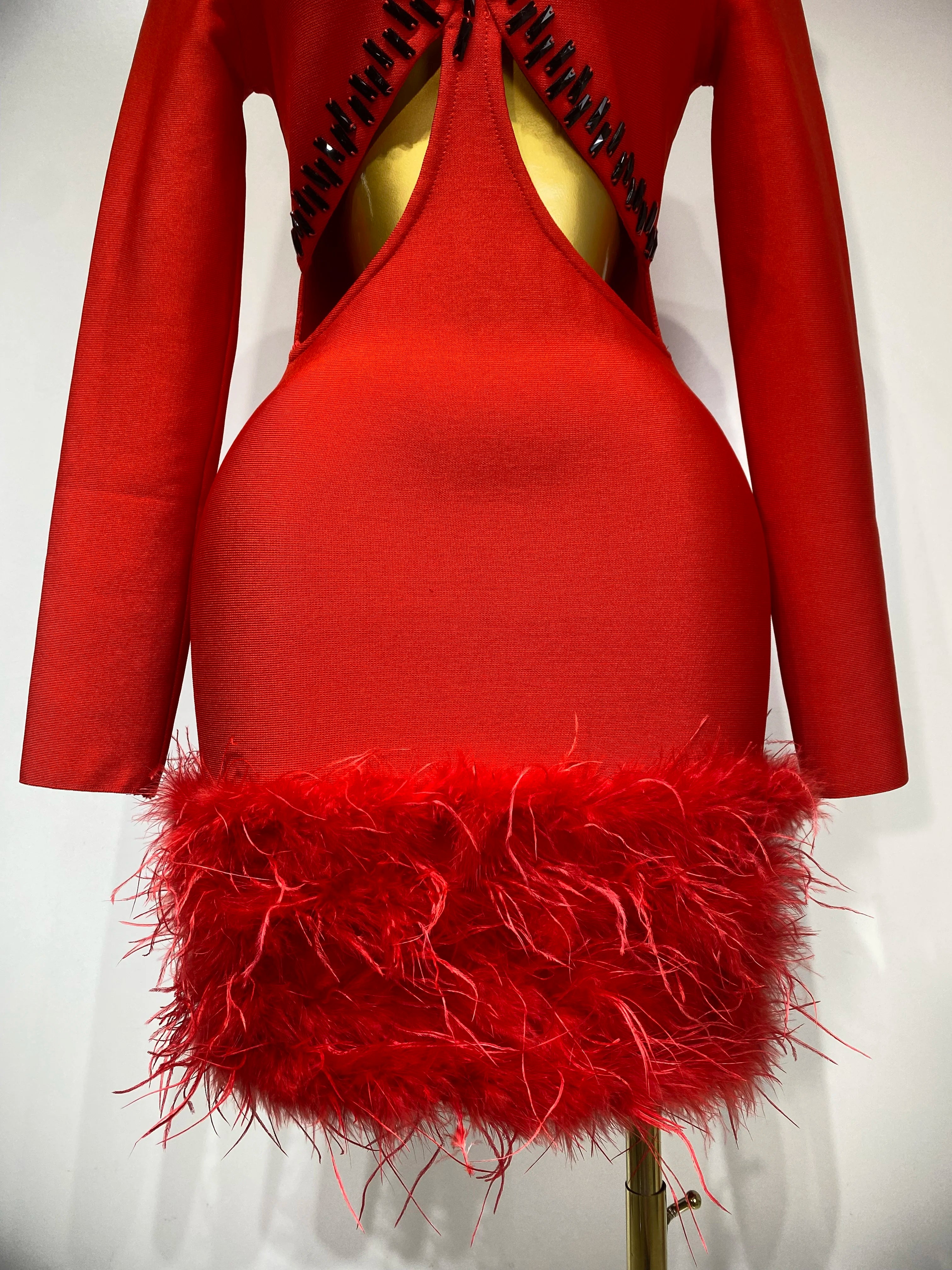 Women Sexy Cut Out Long Sleeve Beading Feather Red Mini Bandage Dress Celebrity Elegant Evening Party Luxury Birthday Dresses