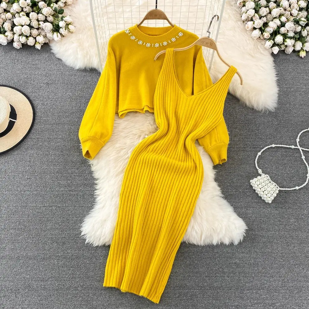 Sweater Set Casual Pullovers Suits Slip Dress For Women Slim Solid Autumn Winter Knitted Long Sleeve Elegance Elastic Sweet Yellow