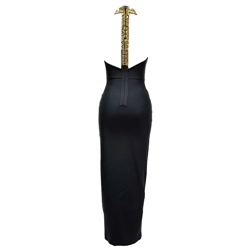 Golden Beading Women Sexy Off the Shoulder Bodycon Long Bandage Dress Fashion Celebrate Evening Party Outfit
