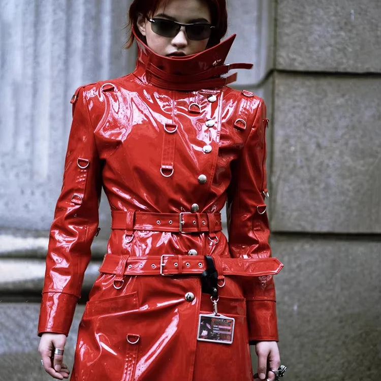 Lautaro Spring Long Cool Shiny Reflective Hard Patent Pu Leather Coat for Women Belt Luxury Designer Punk style Lace Up Clothes