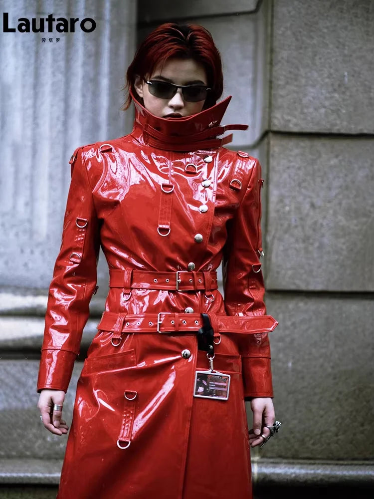 Lautaro Spring Long Cool Shiny Reflective Hard Patent Pu Leather Coat for Women Belt Luxury Designer Punk style Lace Up Clothes